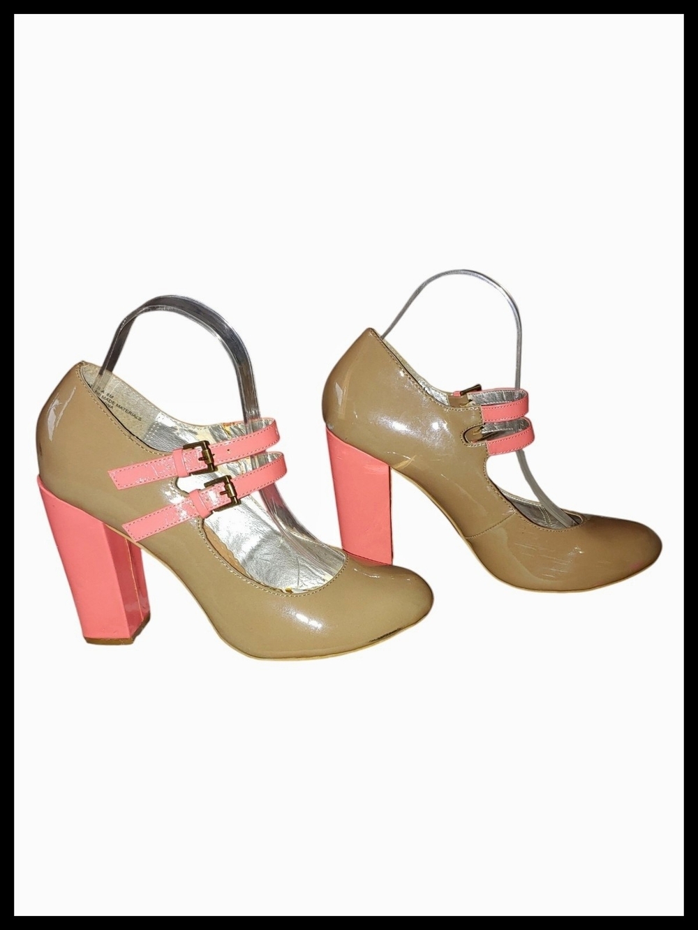 Two-Tone Taupe and Pink Block Heel Pumps Rampage "Mariska"
